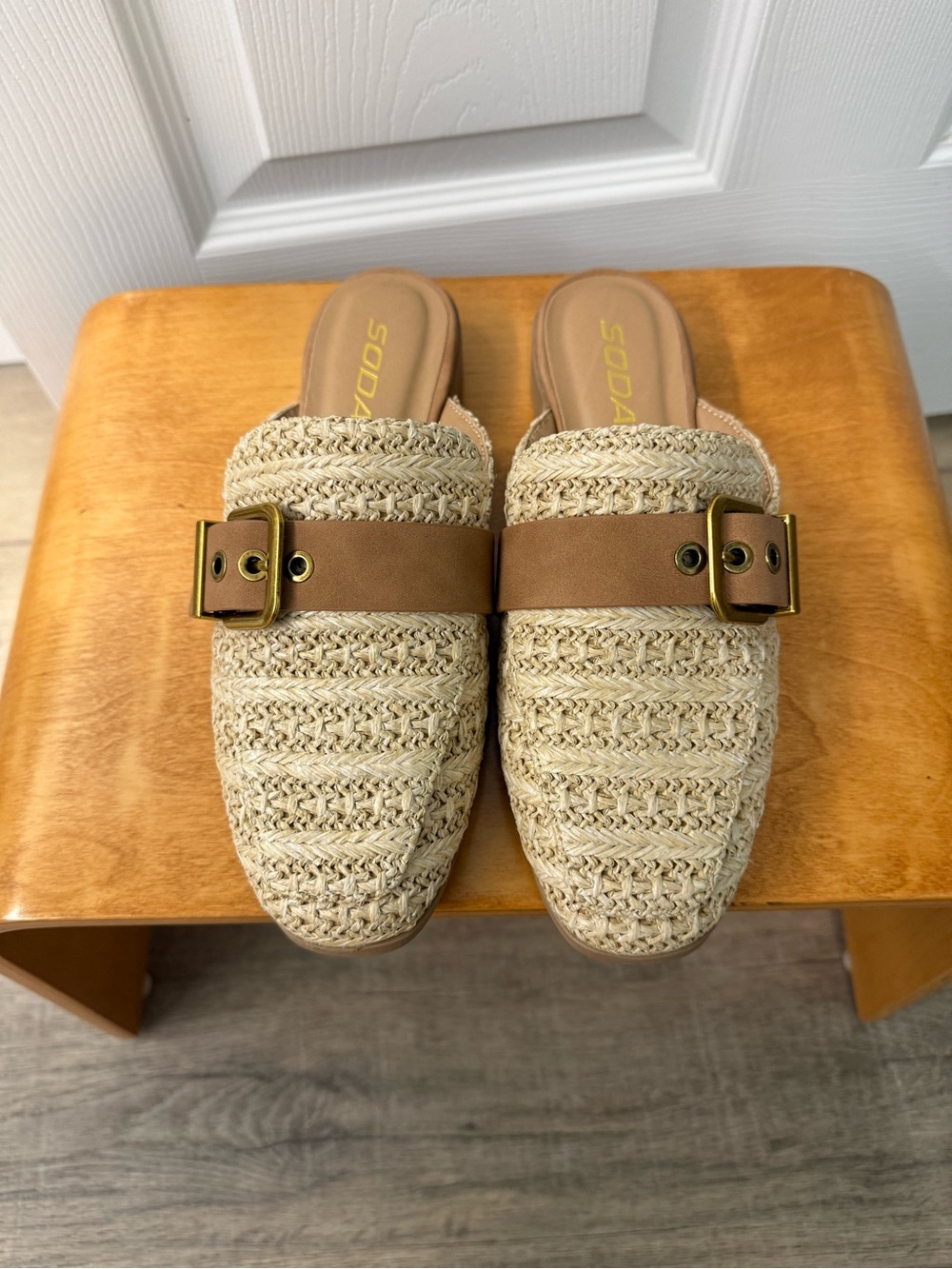 Soda Natural Raffia Slip-On Mules with Tan Buckle Strap